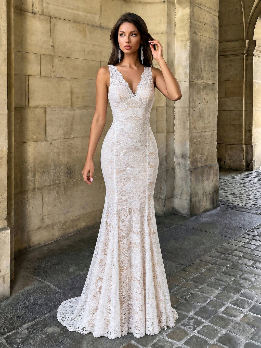 Firerie White Champagne V-Neck Scalloped Lace Backless Mermaid Tail Floor-Length Wedding Dress, Boho Bridal - image 6