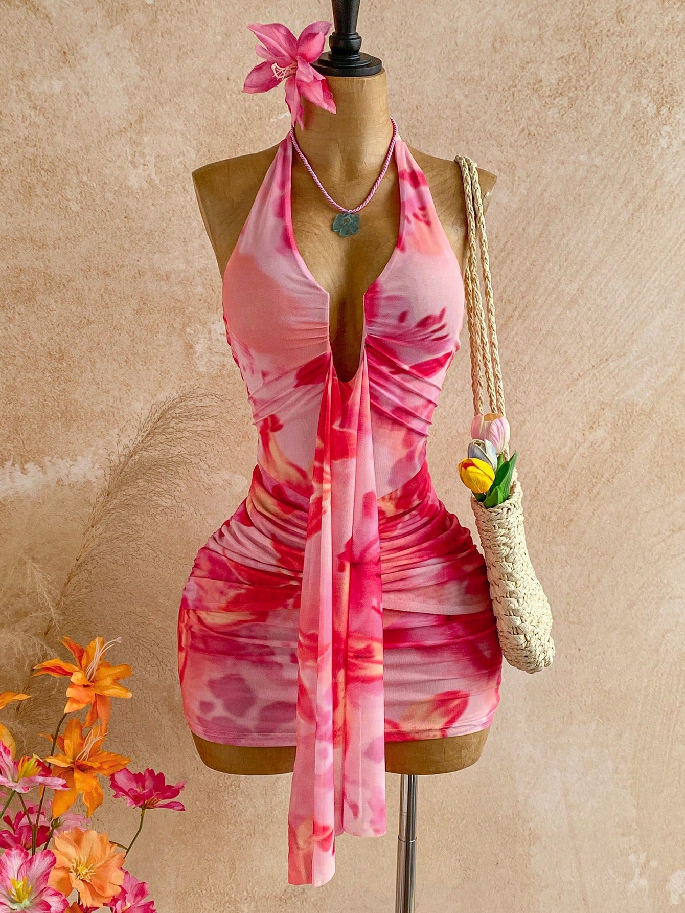 Ure Wave Women's Casual Vacation Sexy Ribbon Halter Bowknot Ruched