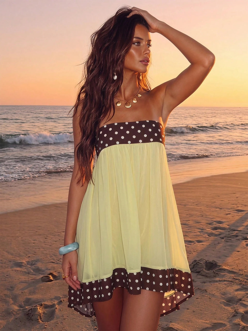Aloruh Women's Polka Dot Patchwork Strapless Mini Dress Vacation Brown And Yellow Polka Dot Summer Boho