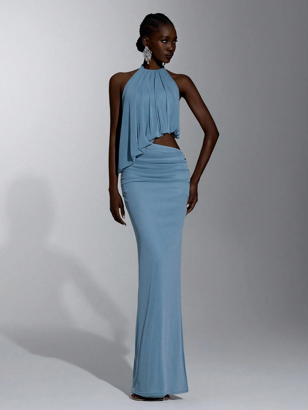 Elitara Elegant Light Blue Glossy Knit Mesh Draped Neck Tie, Flowy Front Plunge Neckline, Sexy Cutout Sides, - image 11