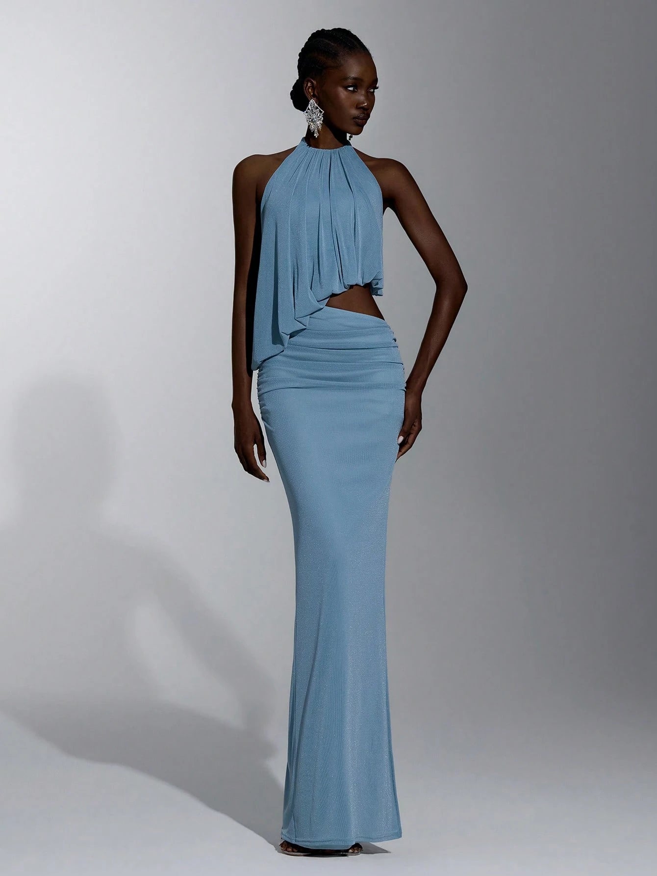 Elitara Elegant Light Blue Glossy Knit Mesh Draped Neck Tie, Flowy Front Plunge Neckline, Sexy Cutout Sides, - image 11