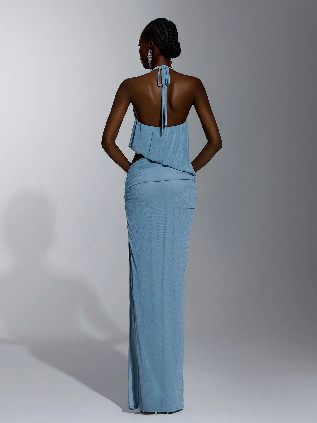 Elitara Elegant Light Blue Glossy Knit Mesh Draped Neck Tie, Flowy Front Plunge Neckline, Sexy Cutout Sides, - image 10