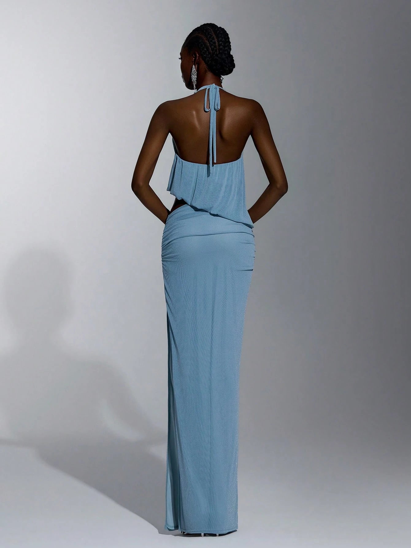 Elitara Elegant Light Blue Glossy Knit Mesh Draped Neck Tie, Flowy Front Plunge Neckline, Sexy Cutout Sides, - image 10