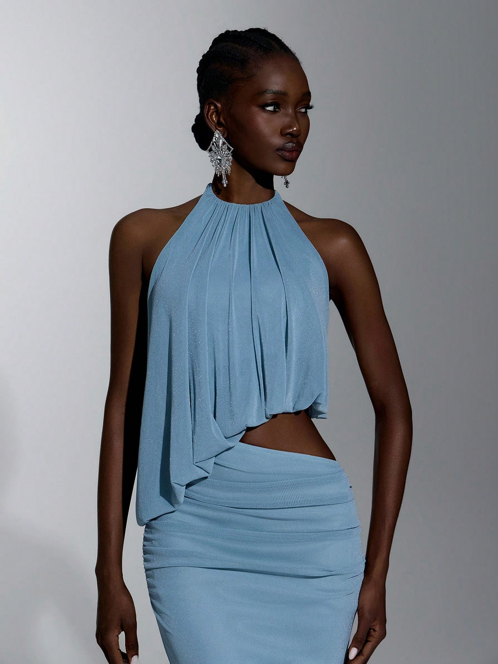 Elitara Elegant Light Blue Glossy Knit Mesh Draped Neck Tie, Flowy Front Plunge Neckline, Sexy Cutout Sides, - image 12