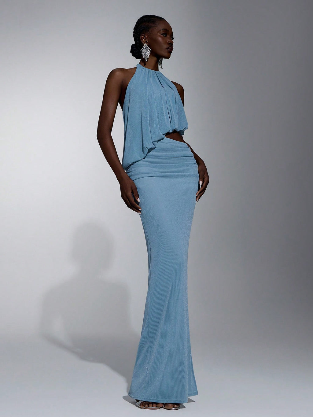 Elitara Elegant Light Blue Glossy Knit Mesh Draped Neck Tie, Flowy Front Plunge Neckline, Sexy Cutout Sides, - image 13
