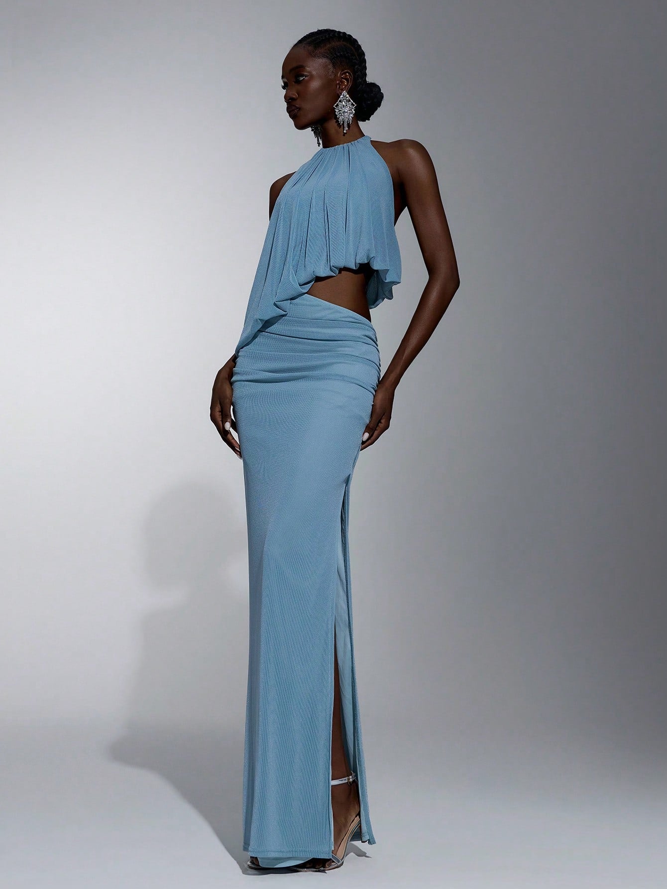 Elitara Elegant Light Blue Glossy Knit Mesh Draped Neck Tie, Flowy Front Plunge Neckline, Sexy Cutout Sides, - image 8