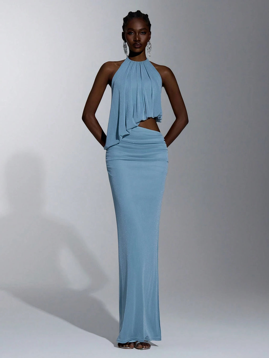 Elitara Elegant Light Blue Glossy Knit Mesh Draped Neck Tie, Flowy Front Plunge Neckline, Sexy Cutout Sides, - image 14