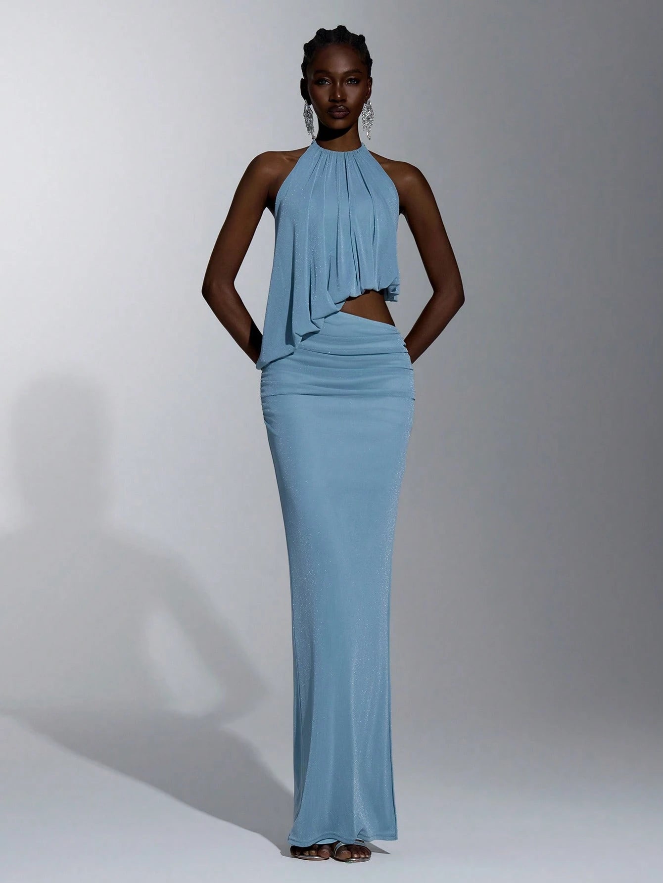 Elitara Elegant Light Blue Glossy Knit Mesh Draped Neck Tie, Flowy Front Plunge Neckline, Sexy Cutout Sides, - image 14