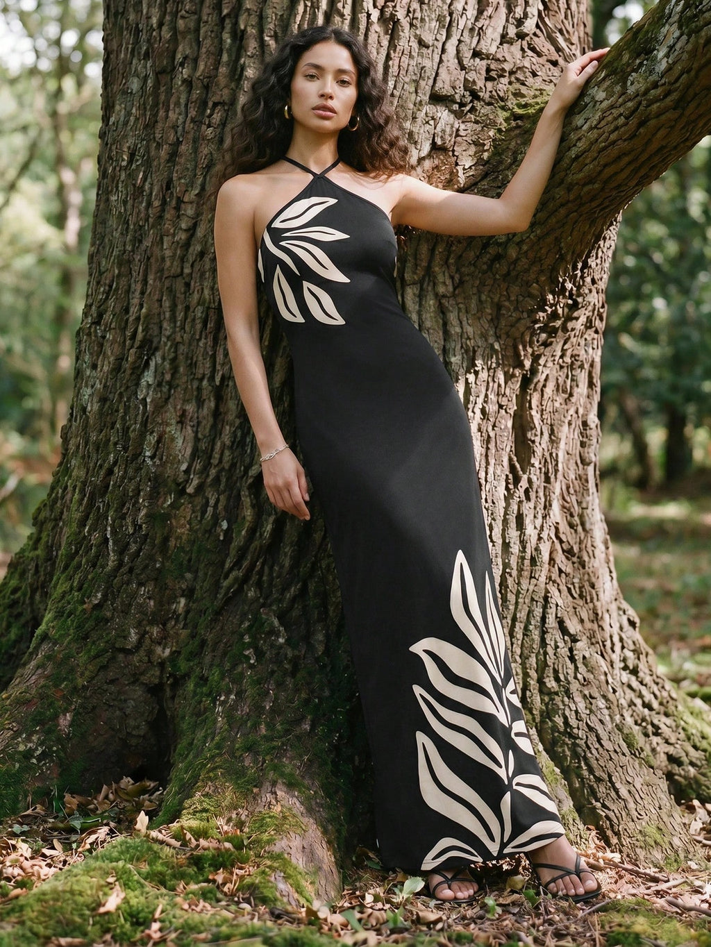 CAJUNI Women's Vacation Plant Print Fitted Elegant Halter Dress - image 5