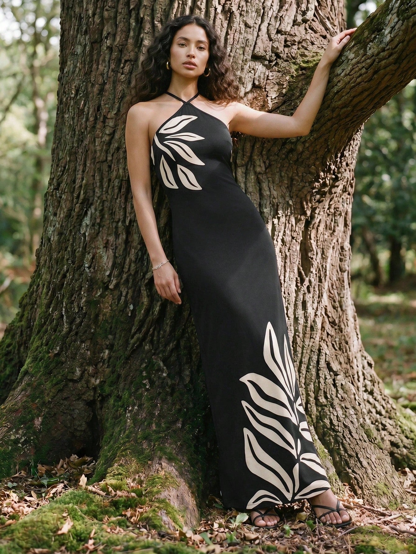 CAJUNI Women's Vacation Plant Print Fitted Elegant Halter Dress - image 5