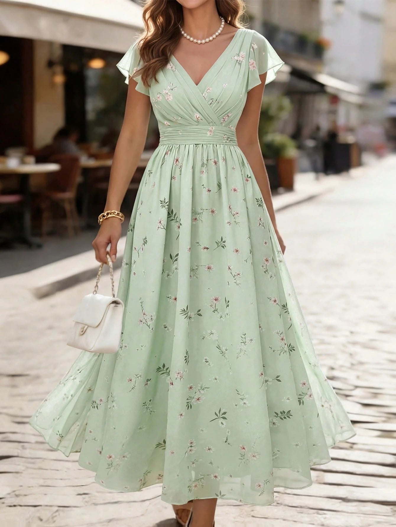 Elegant Chiffon Floral Print V-Neck Cashier Counter Dress, Vintage
