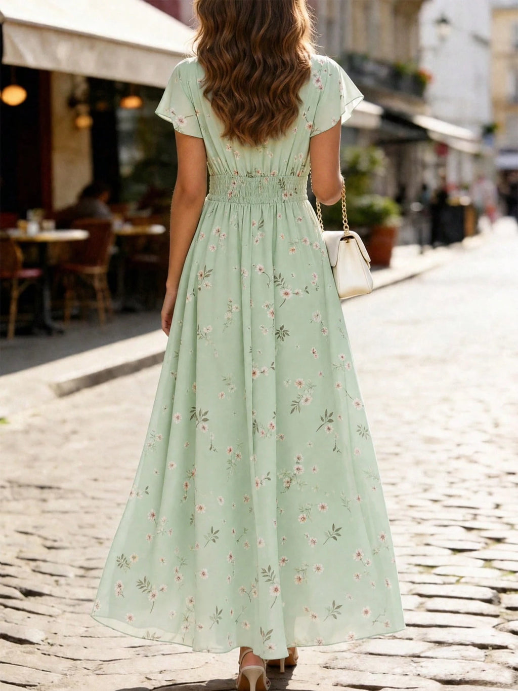 Elegant Chiffon Floral Print V-Neck Cashier Counter Dress, Vintage