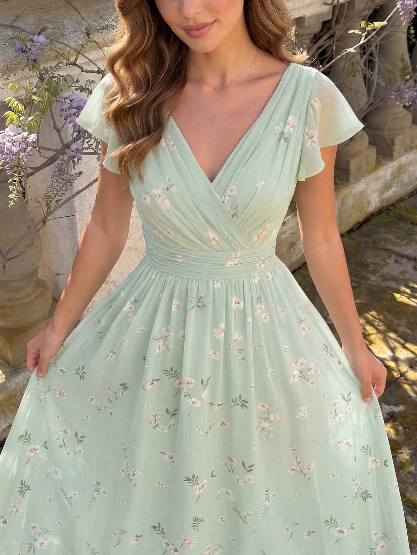Elegant Chiffon Floral Print V-Neck Cashier Counter Dress, Vintage