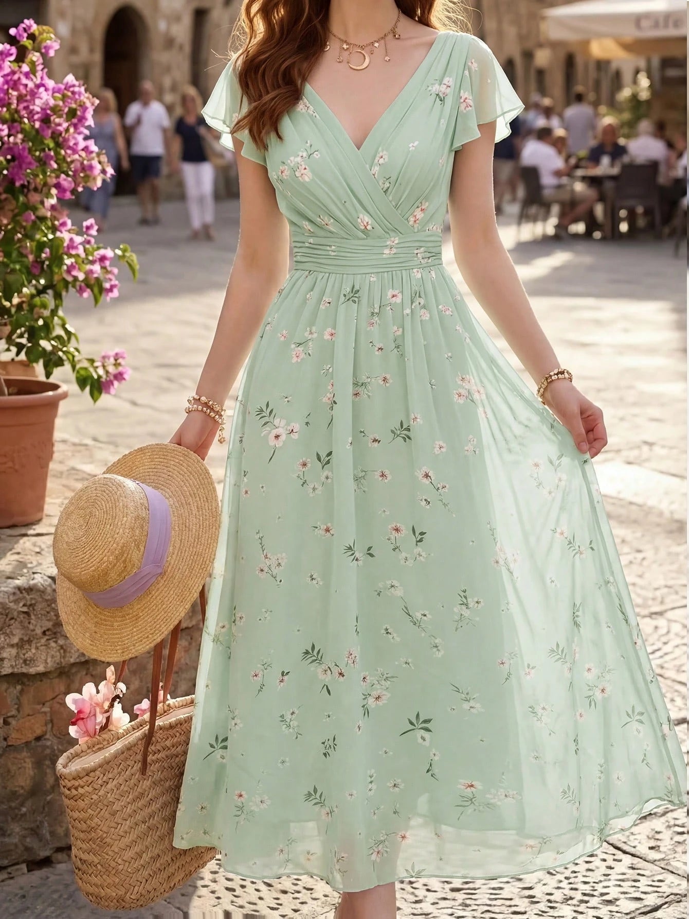 Elegant Chiffon Floral Print V-Neck Cashier Counter Dress, Vintage Fashionable Vacation Commute Vacation Wear - image 4
