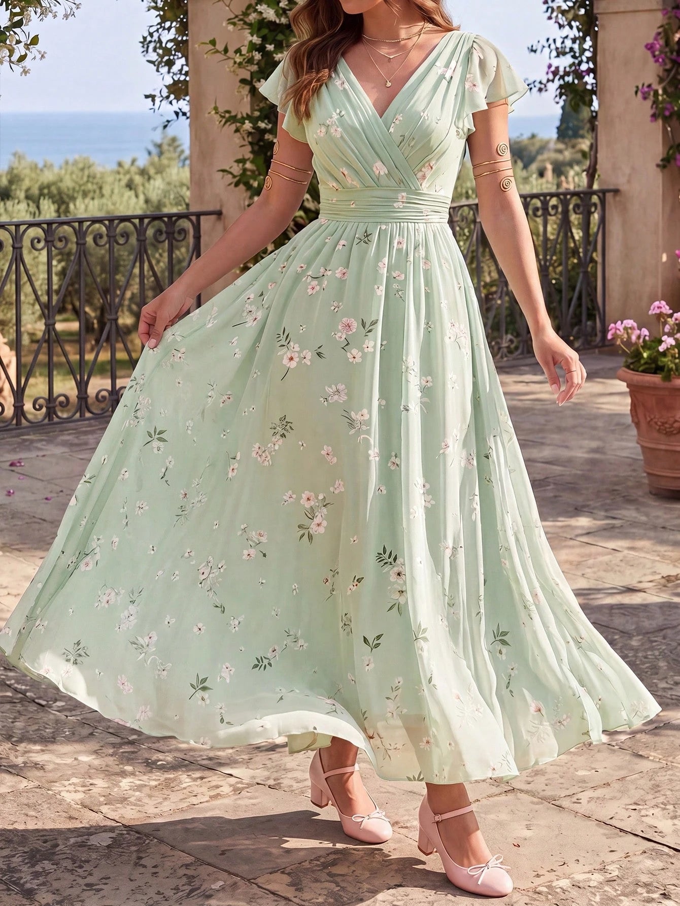 Elegant Chiffon Floral Print V-Neck Cashier Counter Dress, Vintage