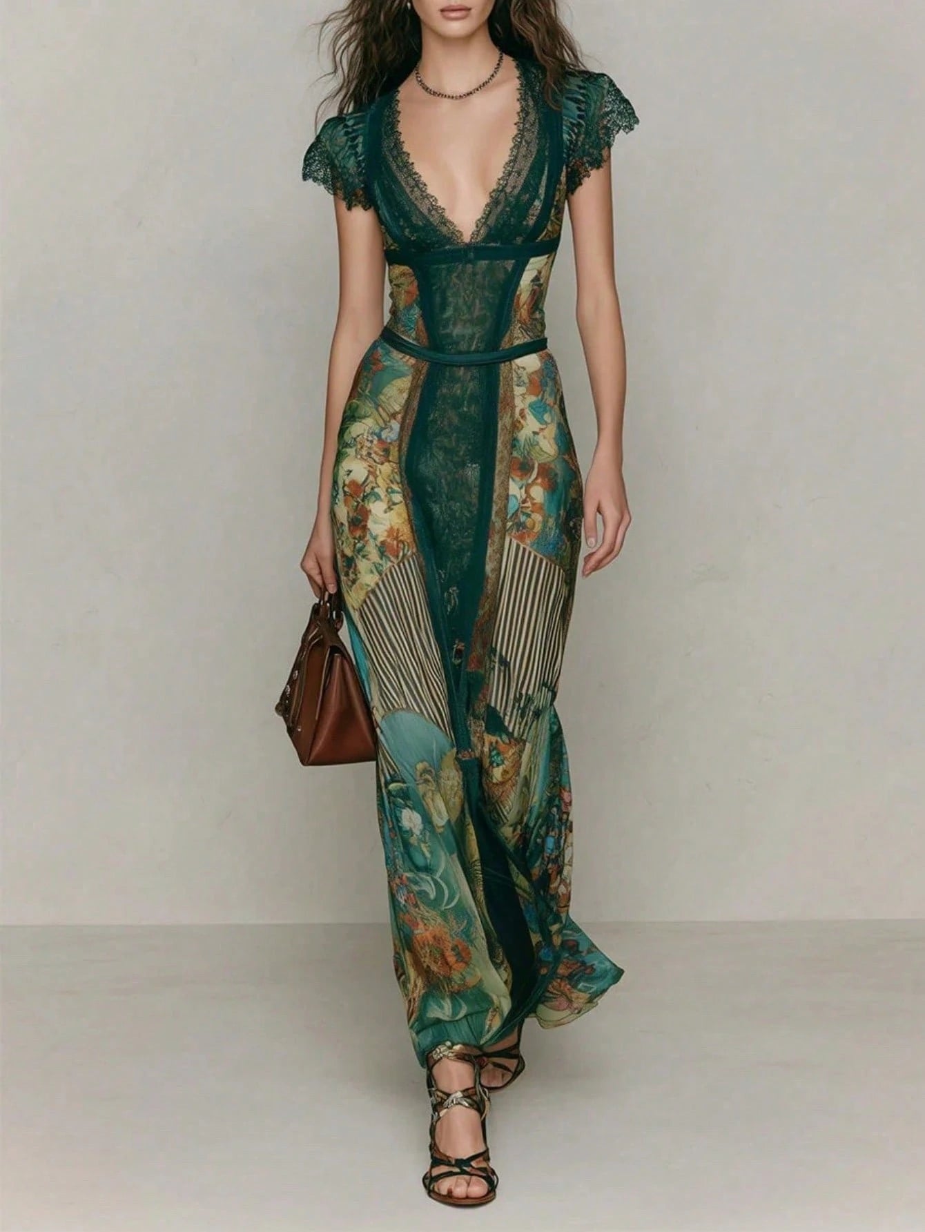 Women's Sexy V-Neck Dress For Summer Vacation Retro Elegant Print Wedding Guest Dress Green Lace Bodycon - image 2