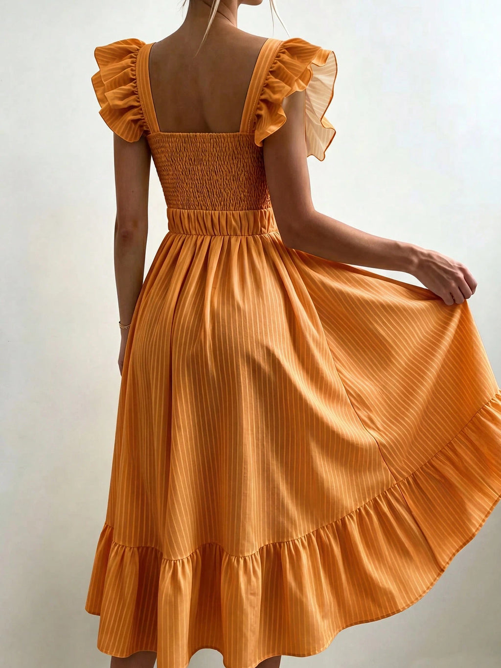 Pariaura Yellow Background White Striped Women's Summer Dress,