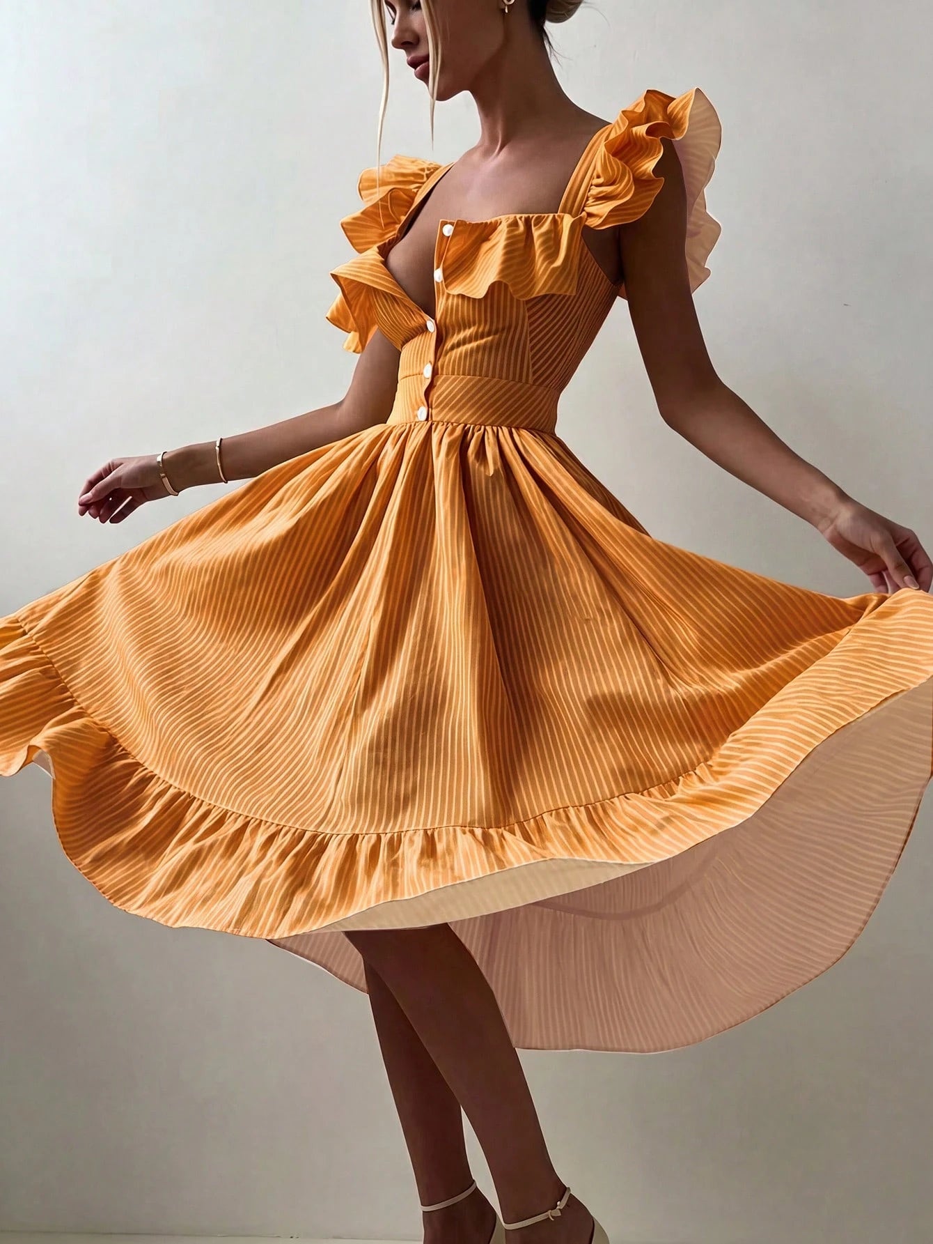 Pariaura Yellow Background White Striped Women's Summer Dress,