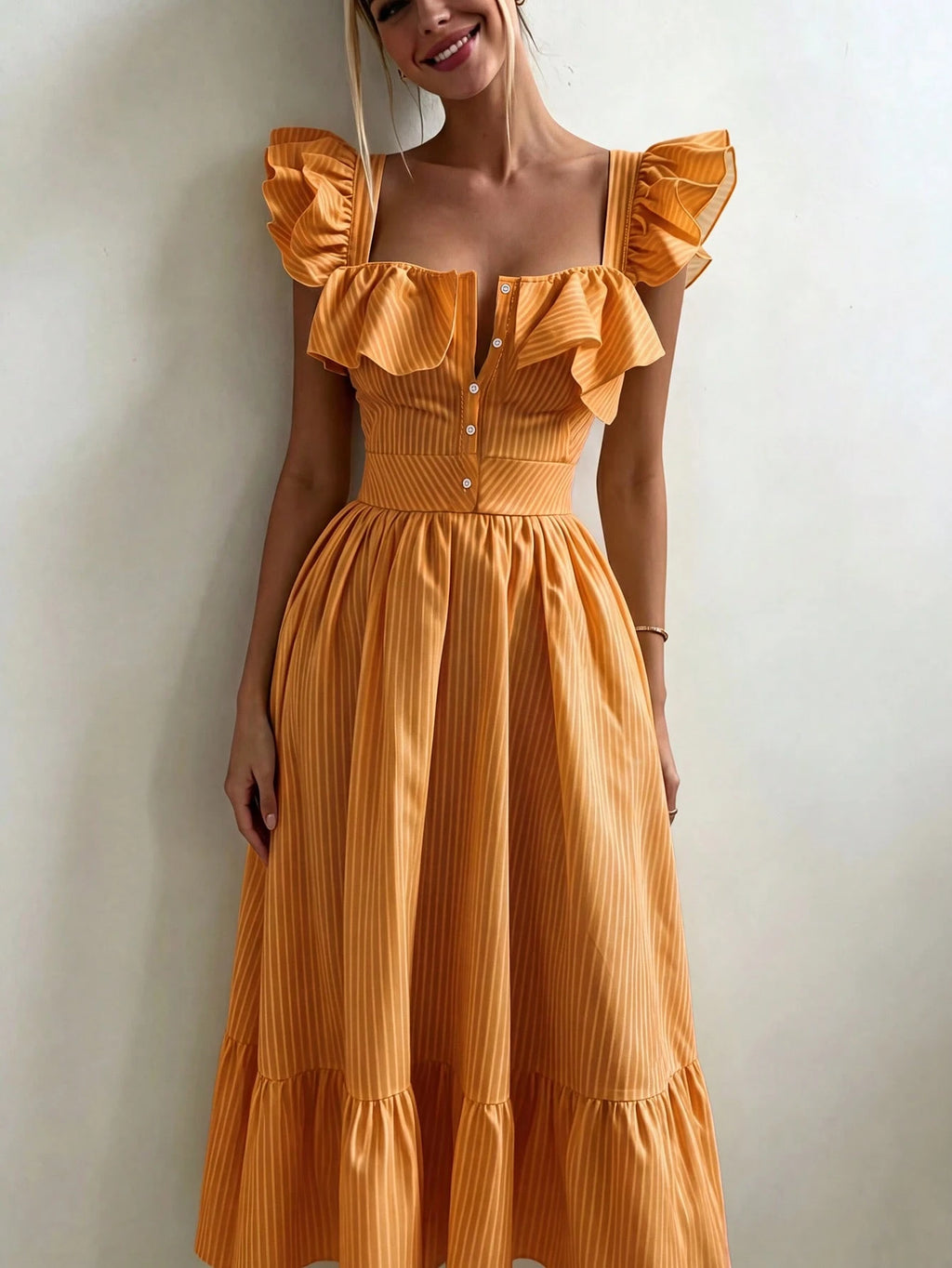 Pariaura Yellow Background White Striped Women's Summer Dress,