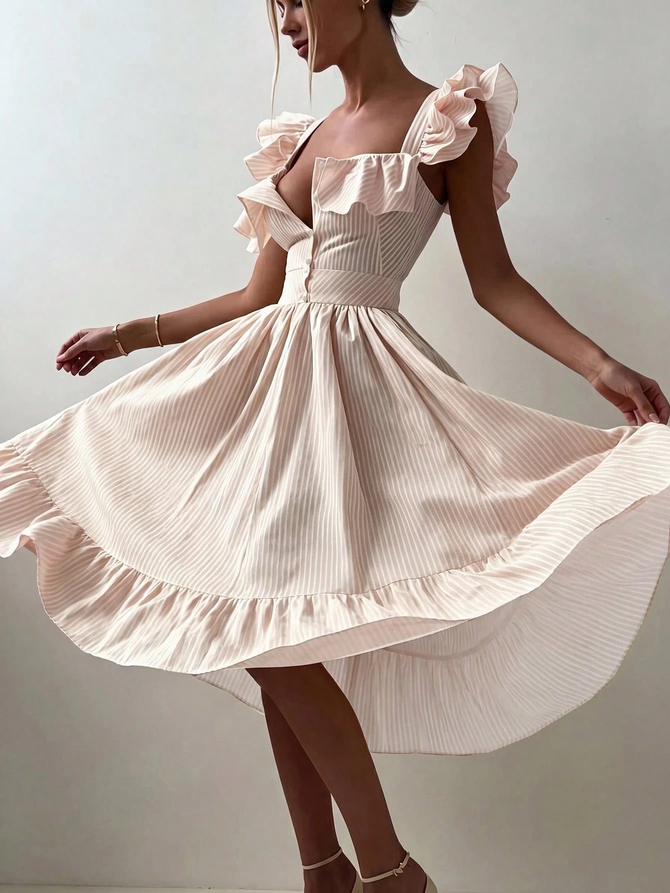 Pariaura Yellow Background White Striped Women's Summer Dress,