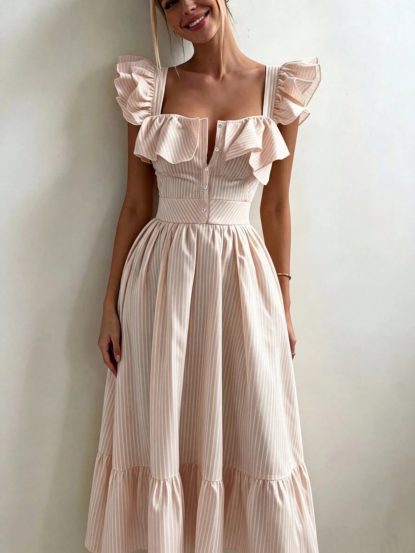 Pariaura Yellow Background White Striped Women's Summer Dress,