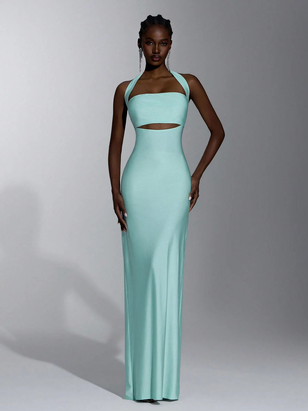 Elitara Elegant, Simple, Minimalist, Light Blue, Matte Knit Fabric, Halter Neck, Strapless, Backless,