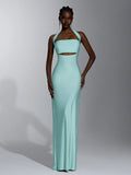 Elitara Elegant, Simple, Minimalist, Light Blue, Matte Knit Fabric, Halter Neck, Strapless, Backless,