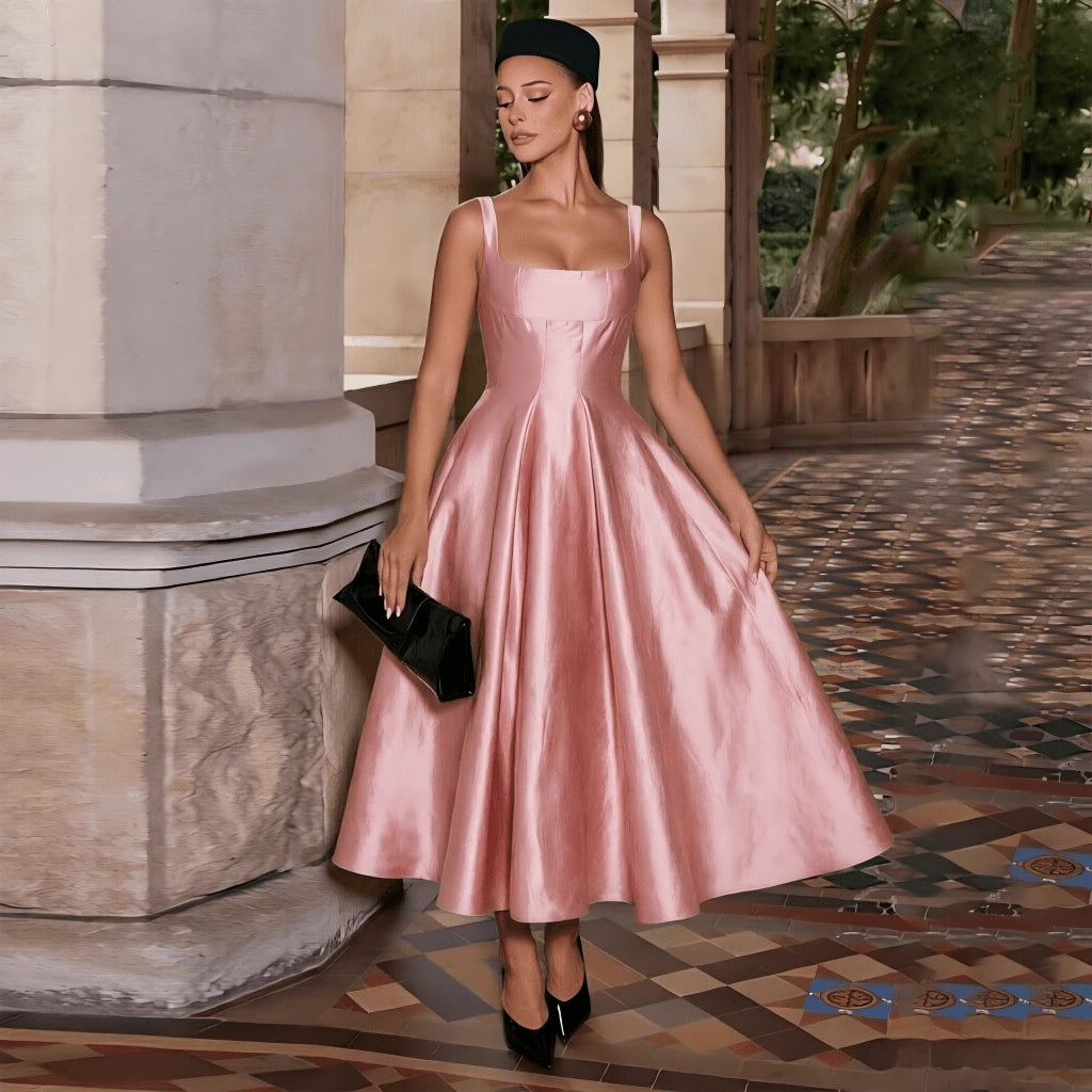 White Satin Square Neck A-Line Midi Dress, Women's Summer Dress. Ideal For Bridal Showers, Wedding Guests, - image 11