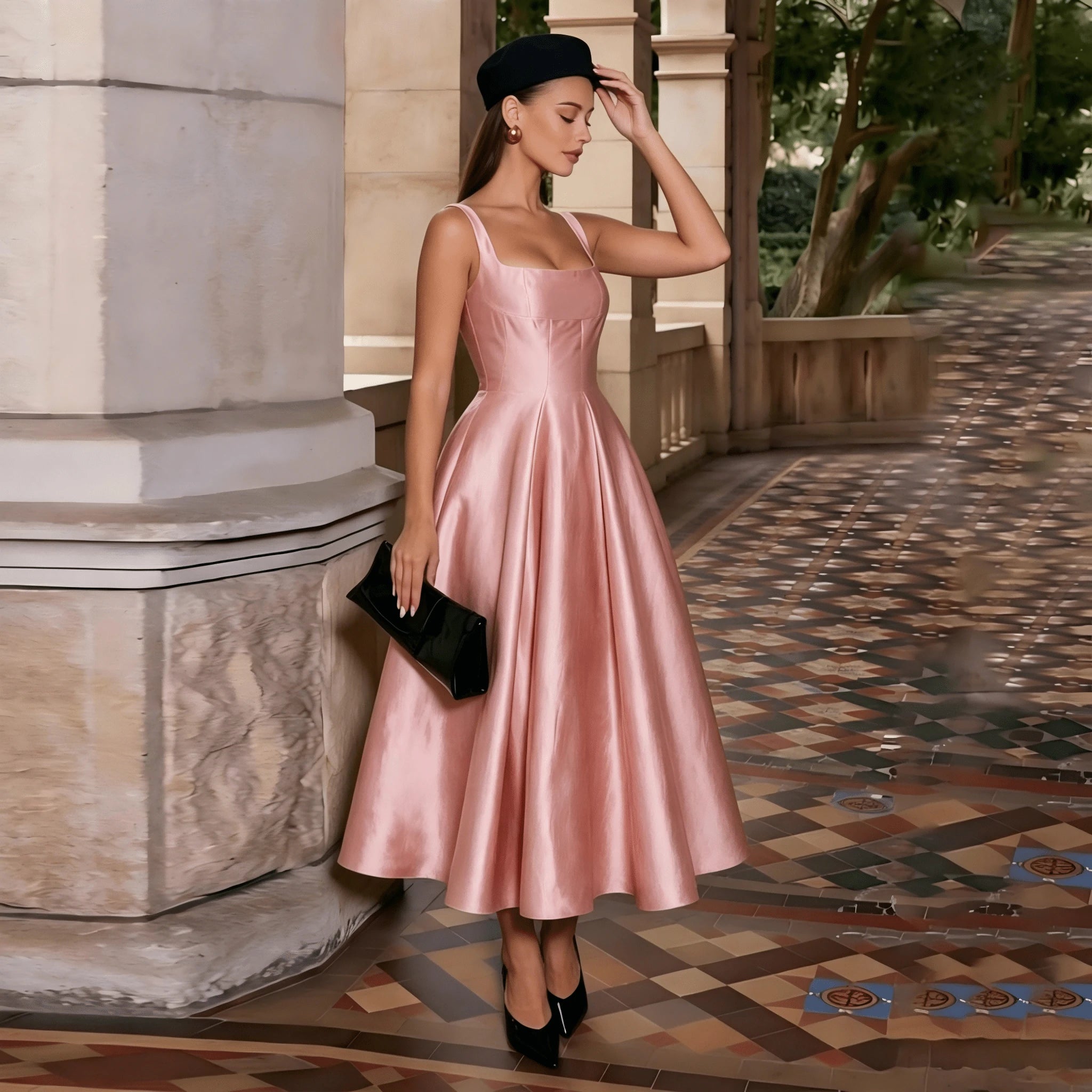 White Satin Square Neck A-Line Midi Dress, Women's Summer Dress. Ideal For Bridal Showers, Wedding Guests, - image 9
