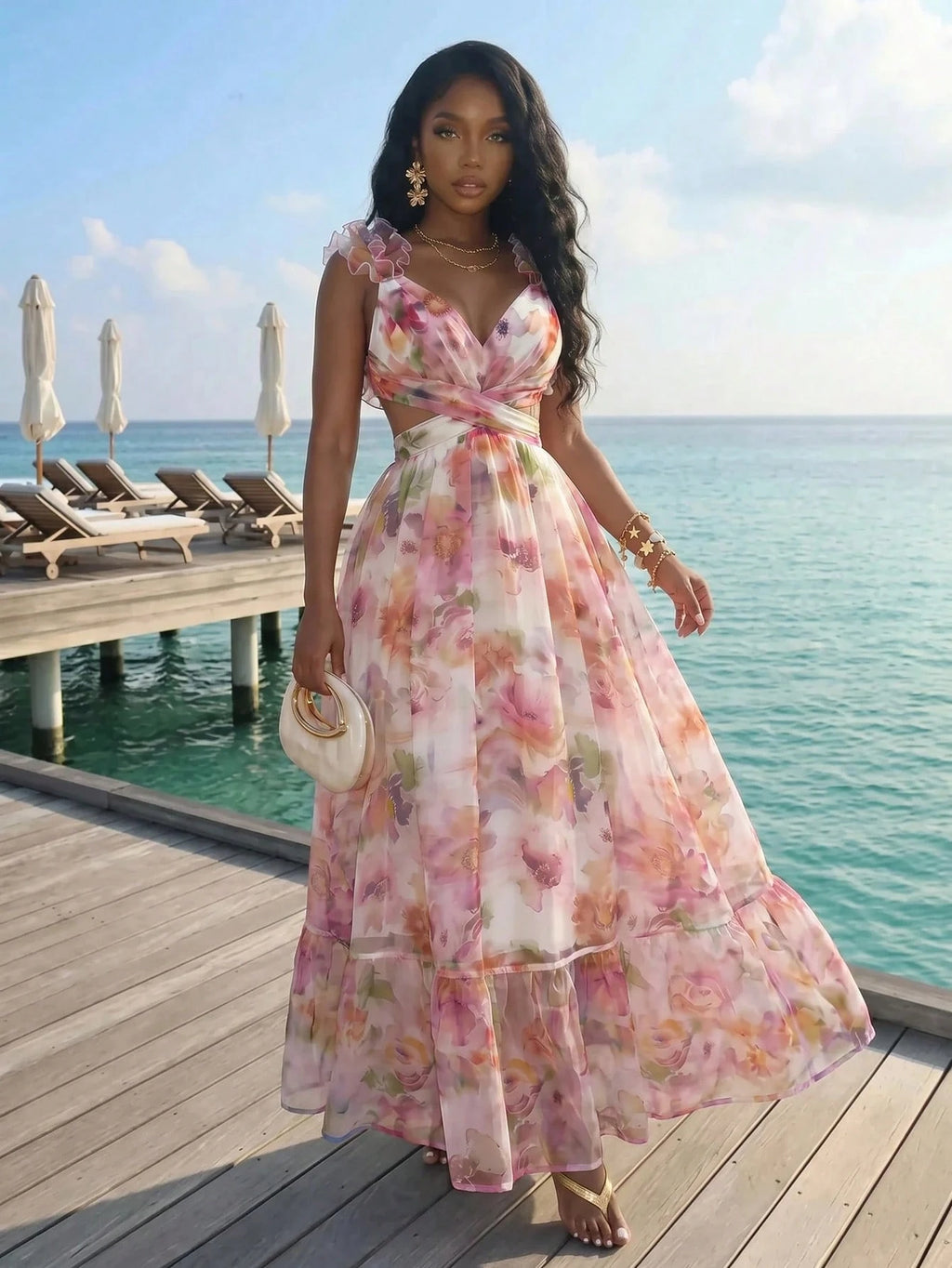 Slaydiva Women's Floral Print Pleated Midi Slip Dress, White Floral
