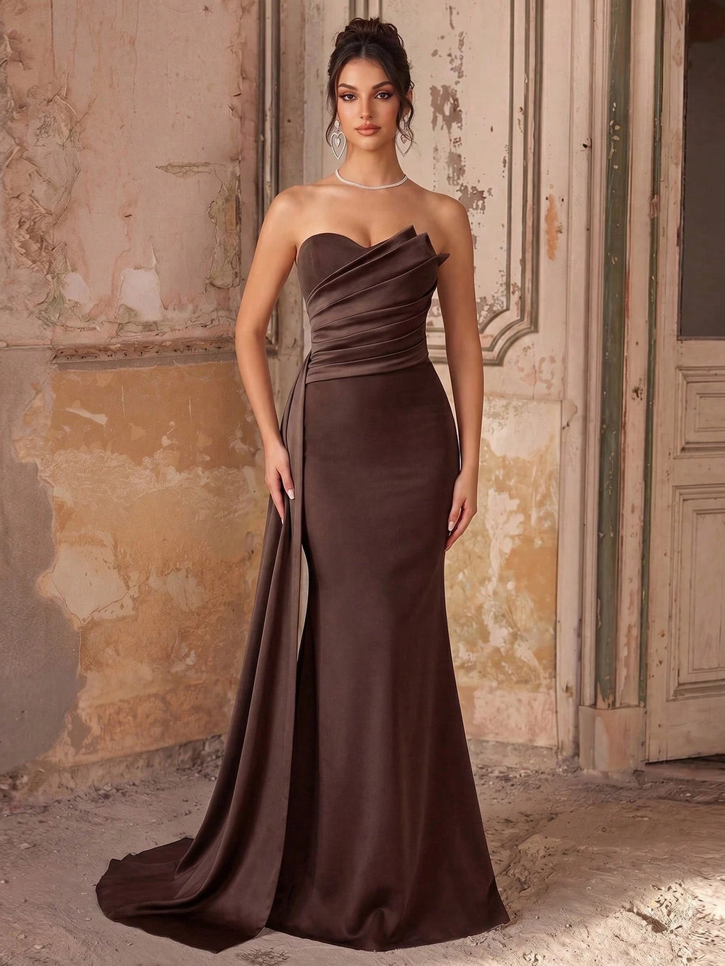 Coutiva Women's Burgundy Summer Elegant Formal Wedding Dress,Ruched Fishtail Hem Strapless Bridesmaid - image 19
