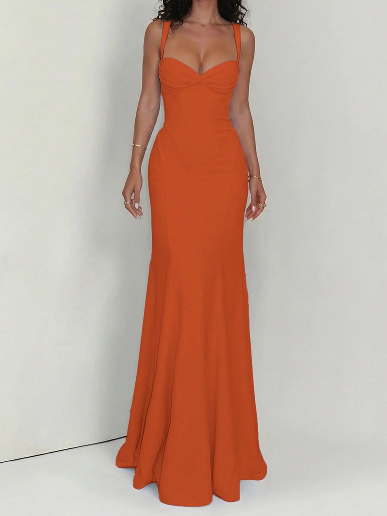 DOUCIU Fashion Orange Mermaid Tail Strap Maxi Dress Elegant Party Birthday Event Outfit - image 3
