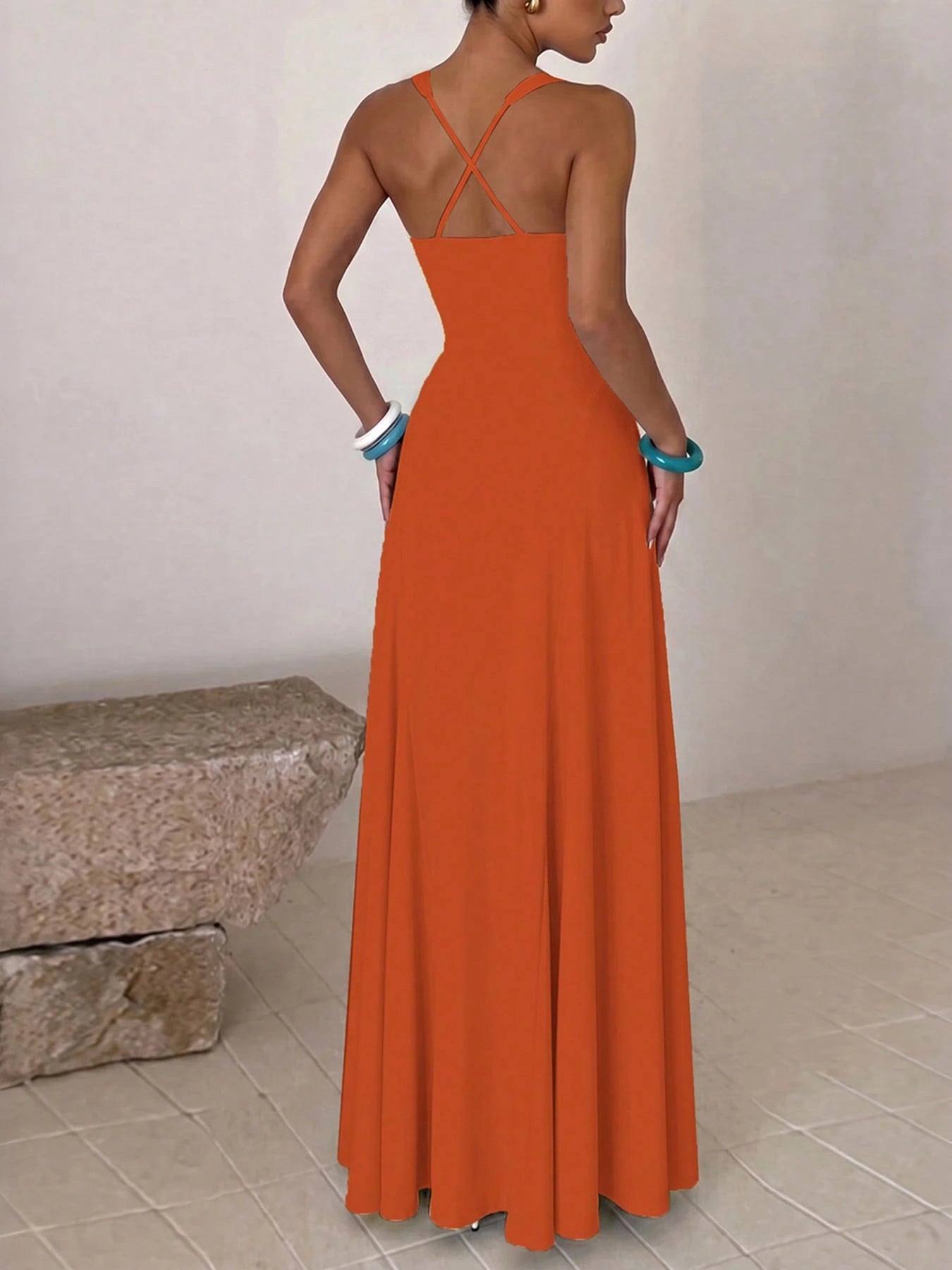 DOUCIU Fashion Orange Mermaid Tail Strap Maxi Dress Elegant Party Birthday Event Outfit - image 2