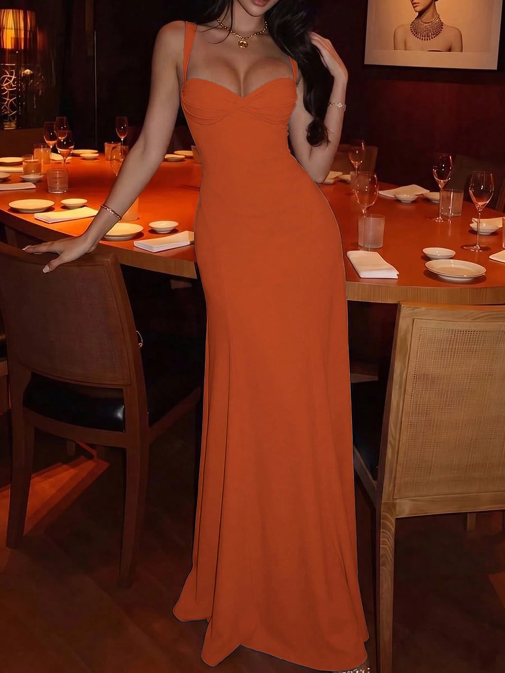 DOUCIU Fashion Orange Mermaid Tail Strap Maxi Dress Elegant Party Birthday Event Outfit - image 6