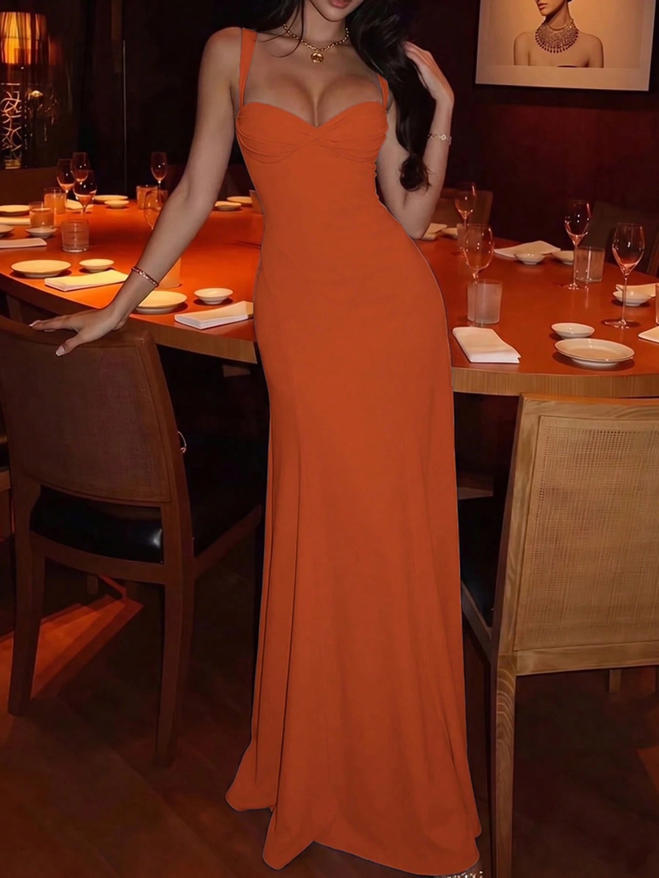 DOUCIU Fashion Orange Mermaid Tail Strap Maxi Dress Elegant Party Birthday Event Outfit - image 6