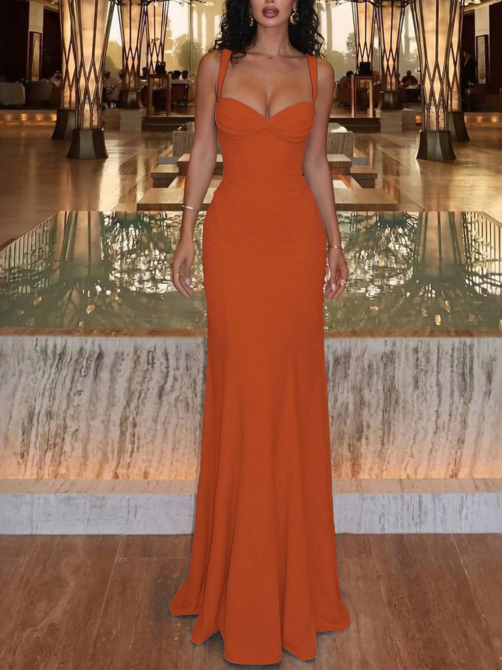 DOUCIU Fashion Orange Mermaid Tail Strap Maxi Dress Elegant Party Birthday Event Outfit - image 5