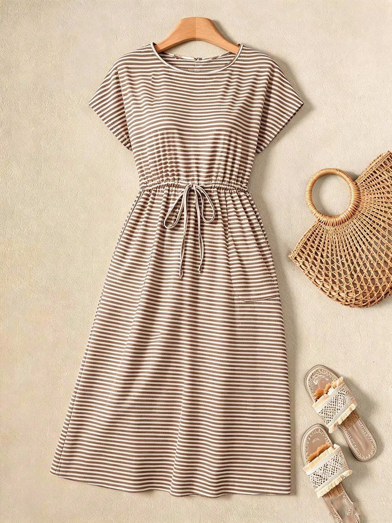 Rusticease Women's Casual Striped Drawstring Waist Mid-Length Dress, Vacation Wear - image 19
