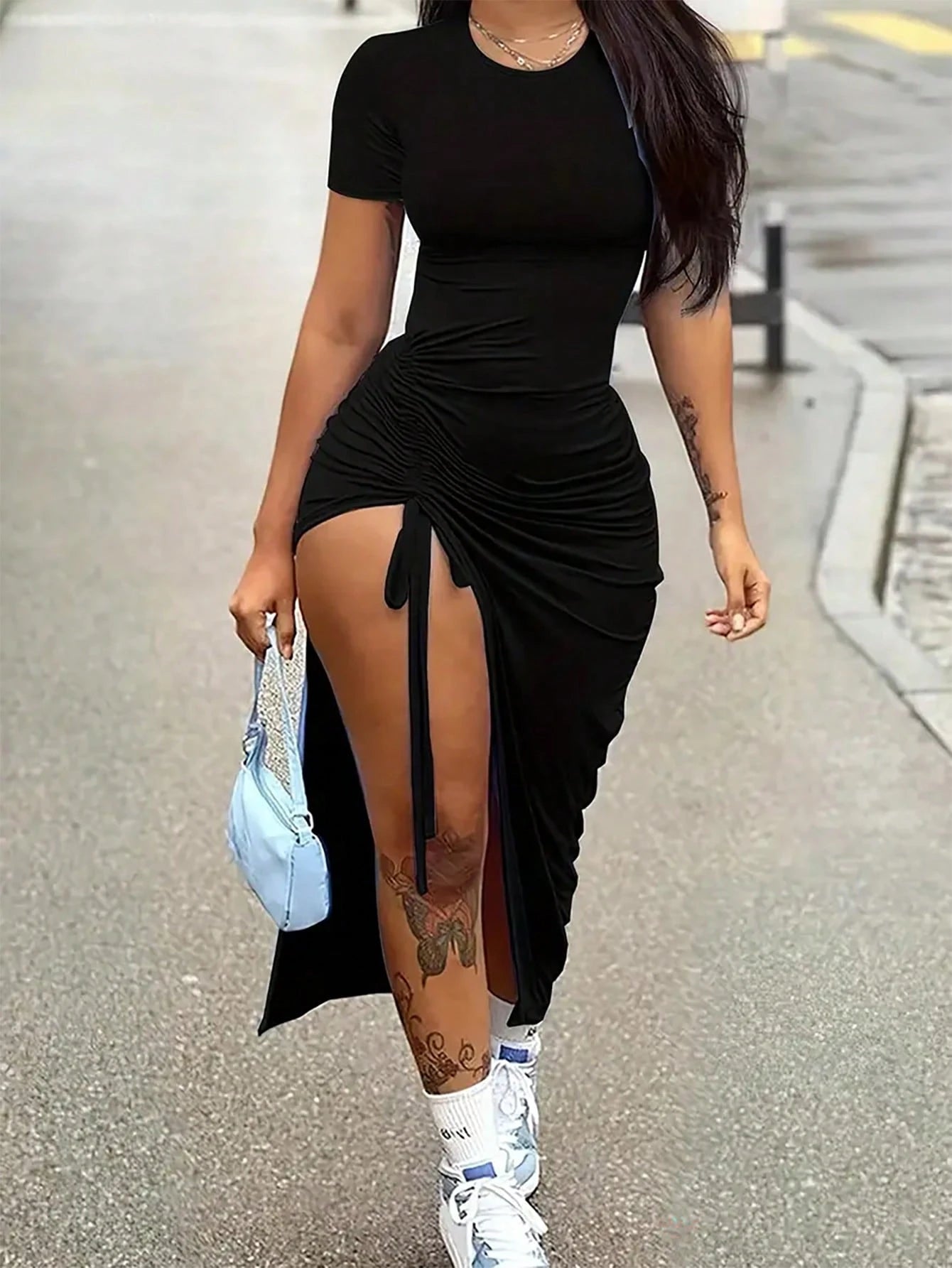 NostaNoir Ladies Solid Color Drawstring Split Design Bodycon Dress