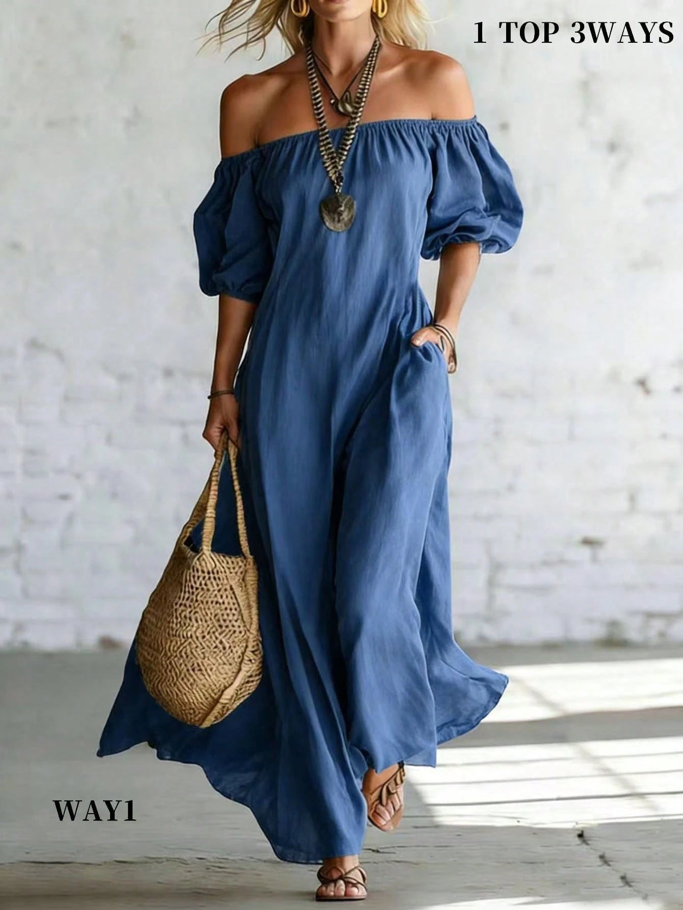 Holidaya Women's Vacation Casual Solid Color Off-Shoulder Dress - image 8
