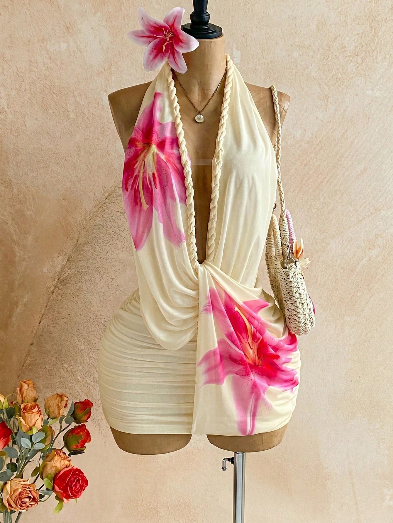 Soleia Women's Floral Print Deep V Neck Ruched Sexy Halter Mini
