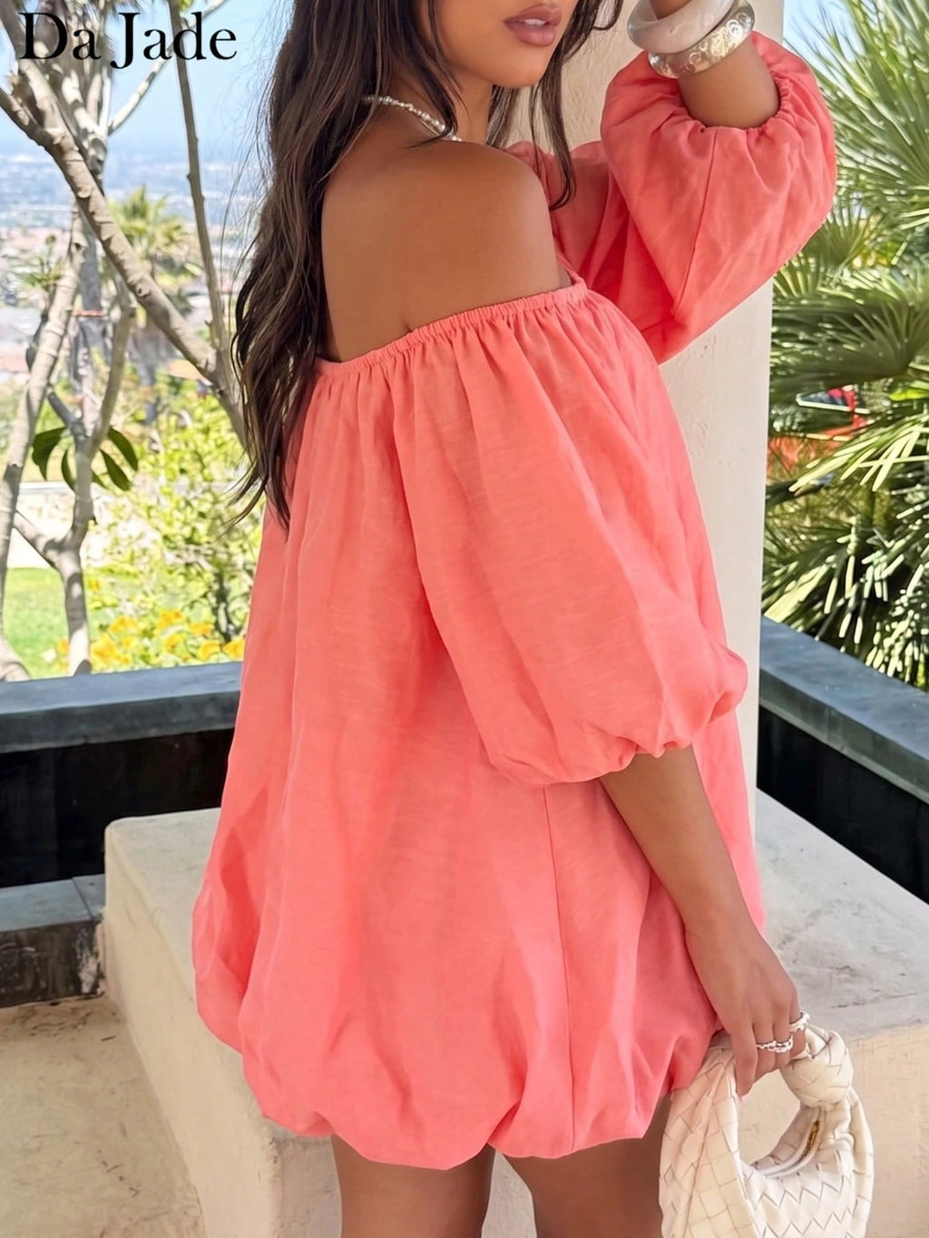 Sweet Coral Off-Shoulder Mini Dress, Puff Sleeve Loose Bubble Hem,