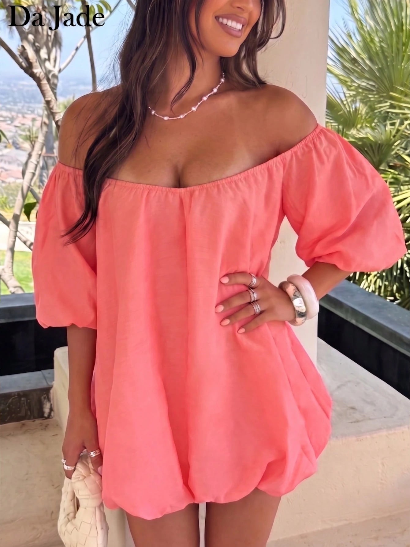 Sweet Coral Off-Shoulder Mini Dress, Puff Sleeve Loose Bubble Hem,