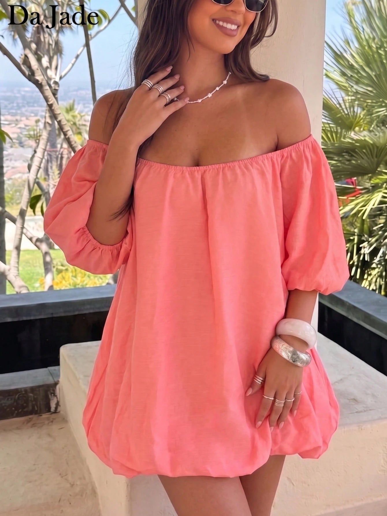 Sweet Coral Off-Shoulder Mini Dress, Puff Sleeve Loose Bubble Hem,