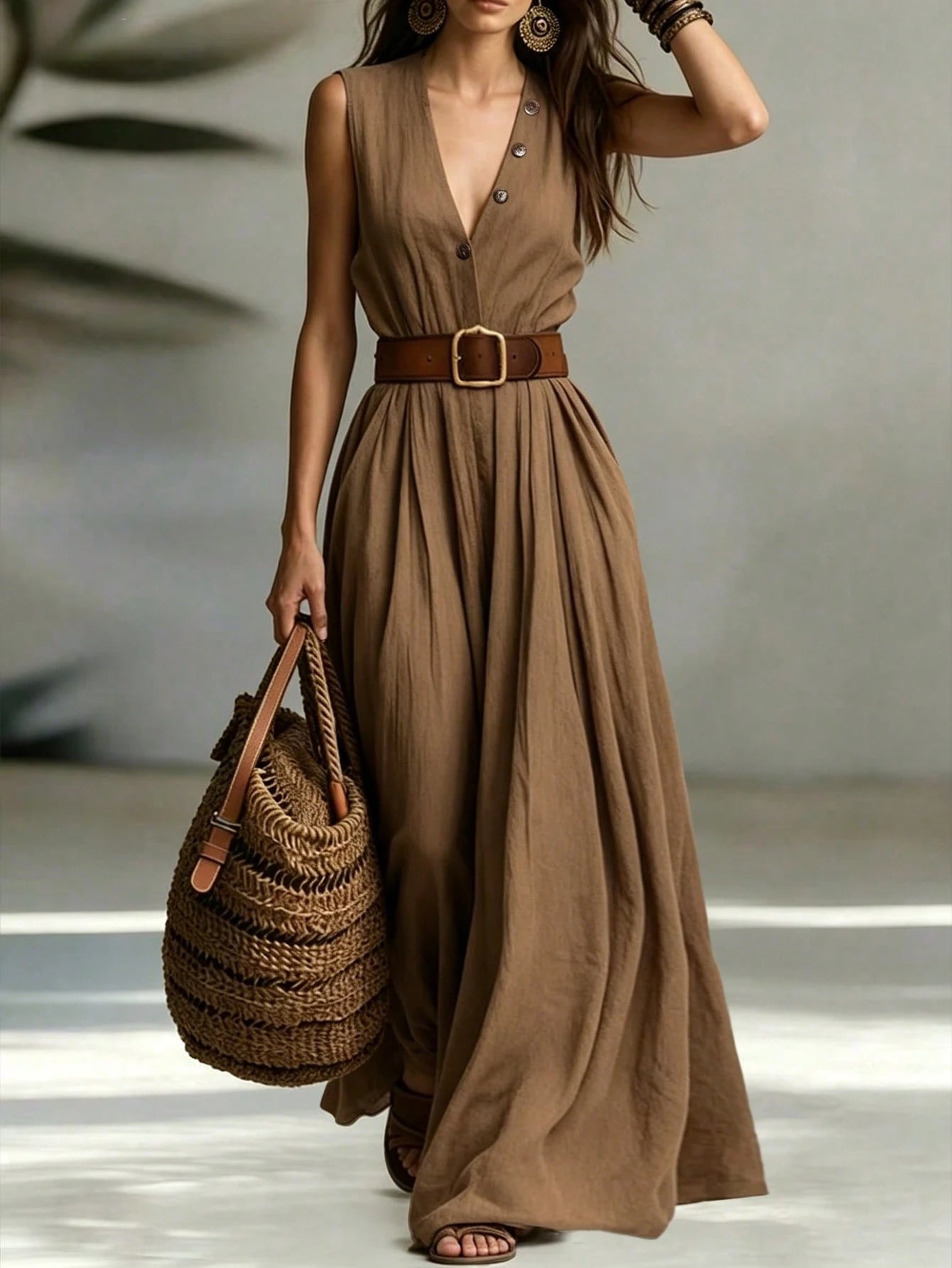 Holidaya Women's Spring/Summer Commuter Elegant V-Neck Sleeveless Waist-Cinched Long Dress, Deep V-Neck - image 4
