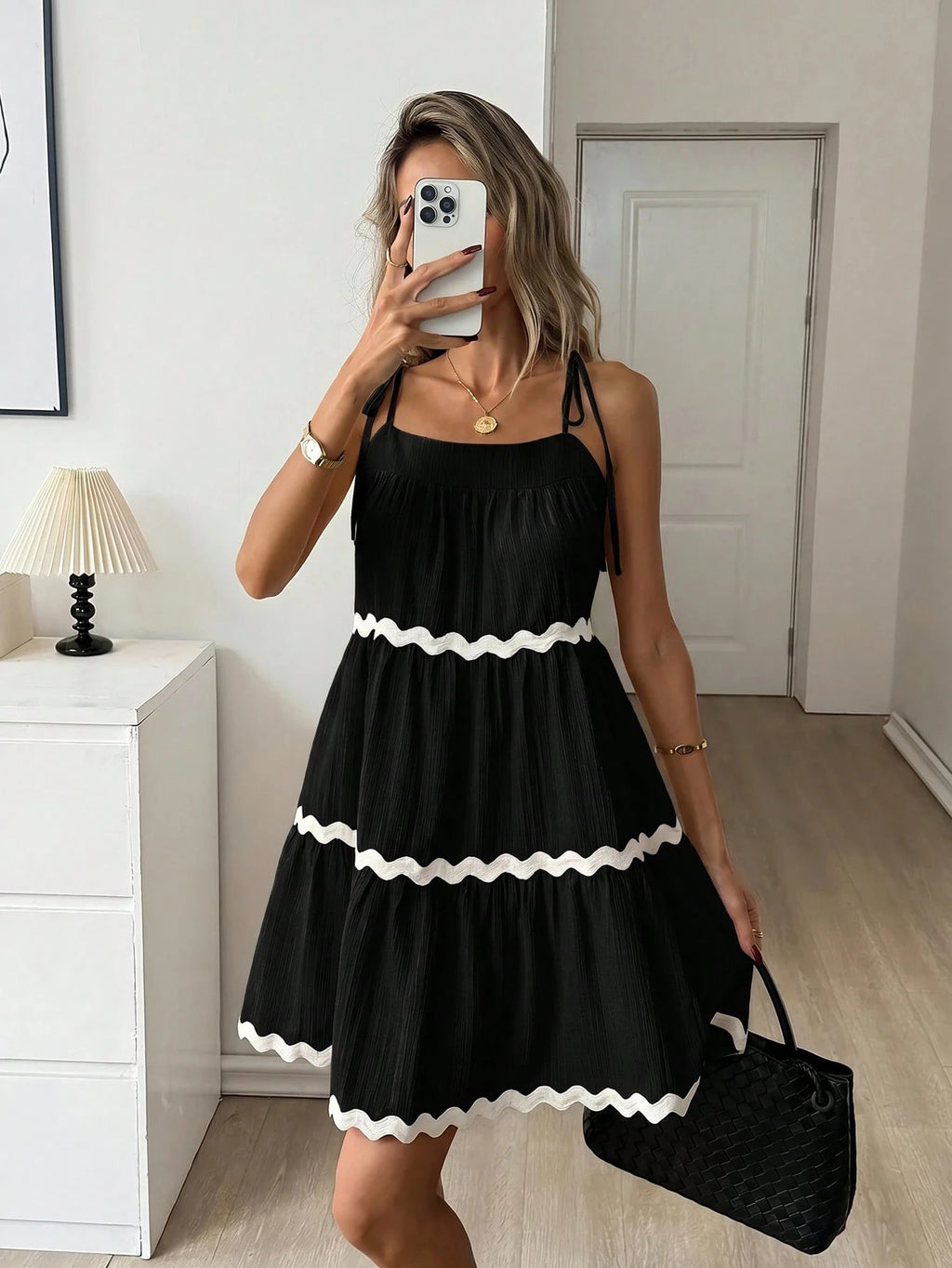 Easowa Contrast Color Wavy Trim Multi-Layer Ruffle Hem A-Line