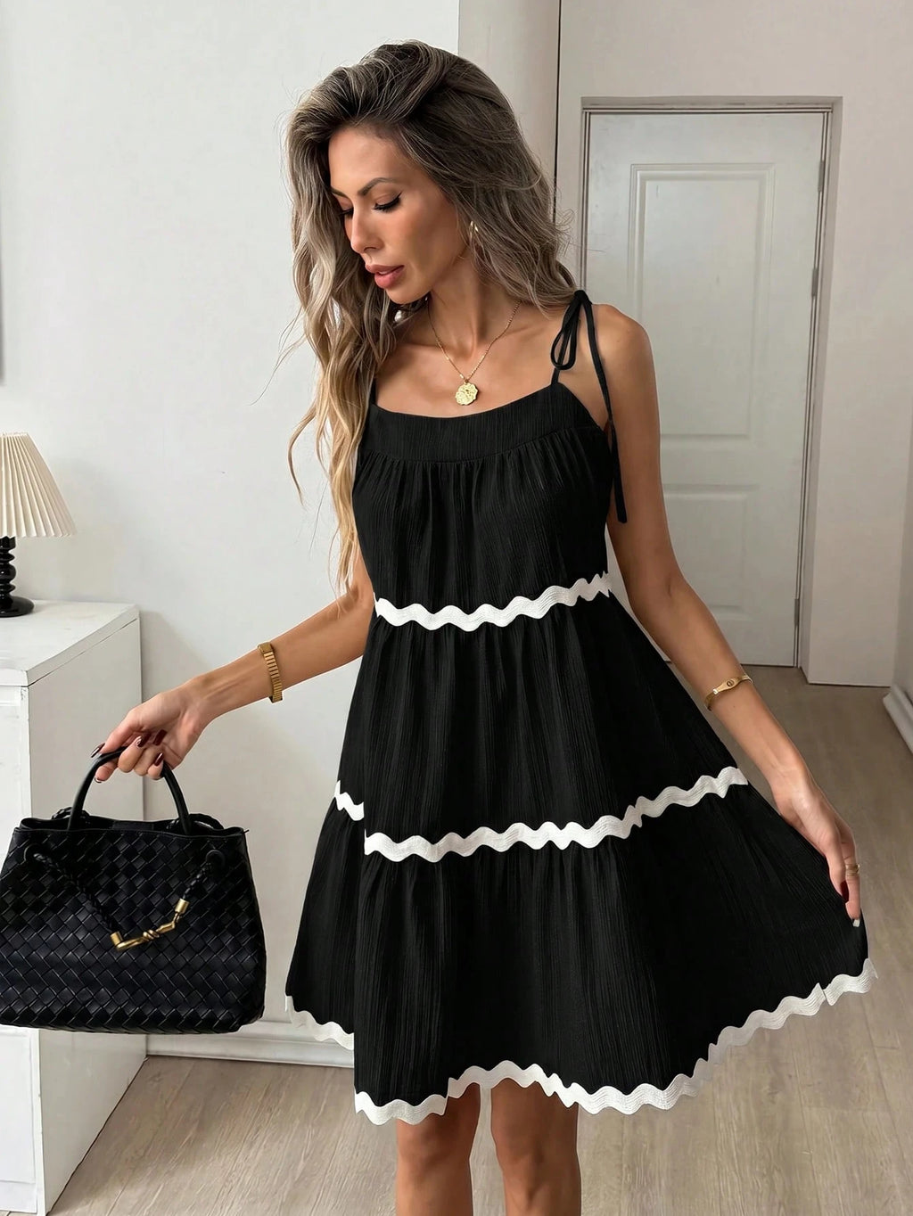 Easowa Contrast Color Wavy Trim Multi-Layer Ruffle Hem A-Line