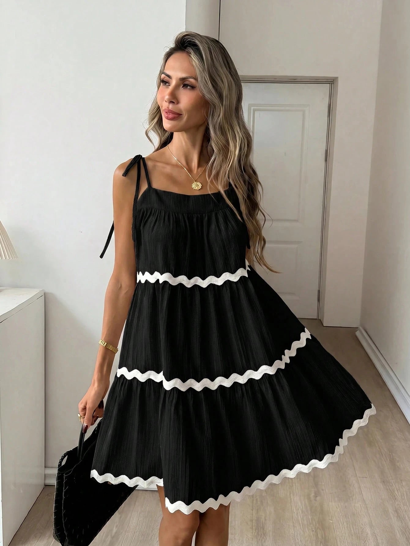 Easowa Contrast Color Wavy Trim Multi-Layer Ruffle Hem A-Line Umbrella Skirt Sun Dress Shoulder Tie Bow Strap - image 4