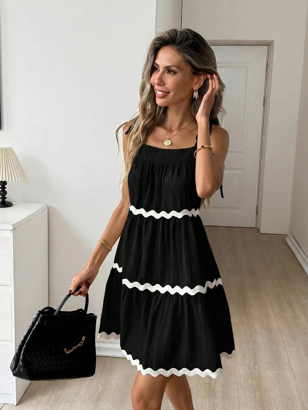 Easowa Contrast Color Wavy Trim Multi-Layer Ruffle Hem A-Line