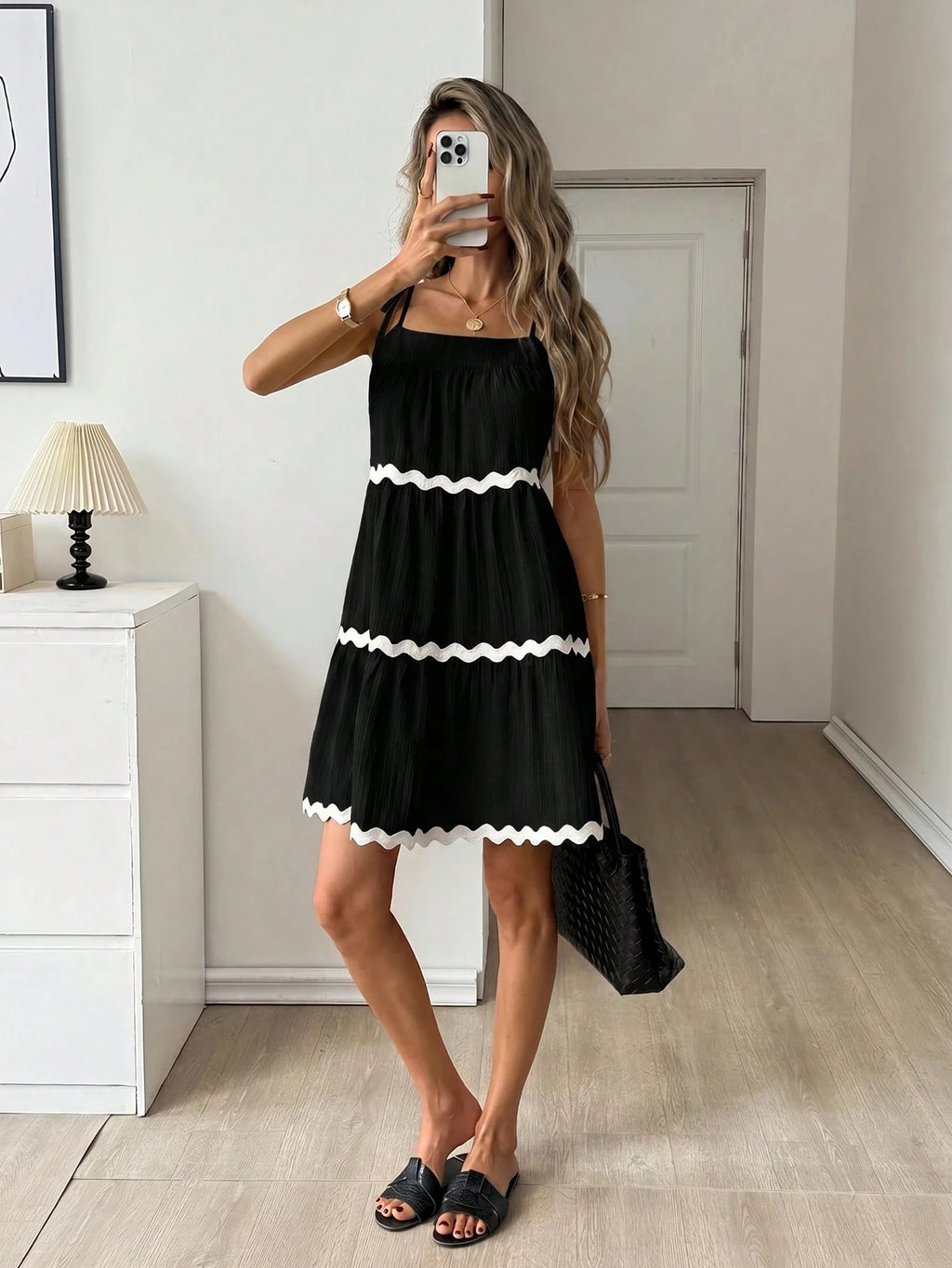 Easowa Contrast Color Wavy Trim Multi-Layer Ruffle Hem A-Line