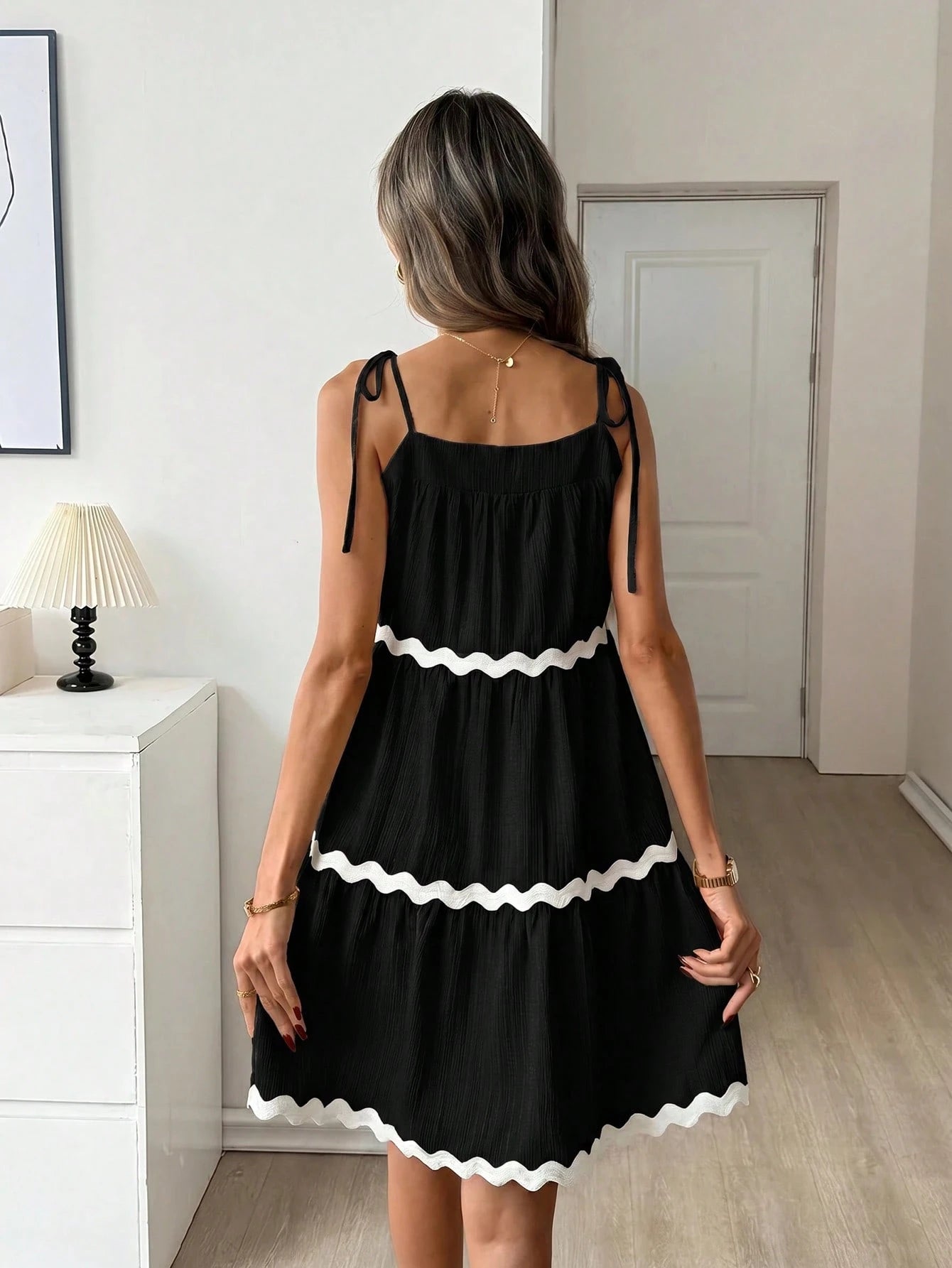 Easowa Contrast Color Wavy Trim Multi-Layer Ruffle Hem A-Line